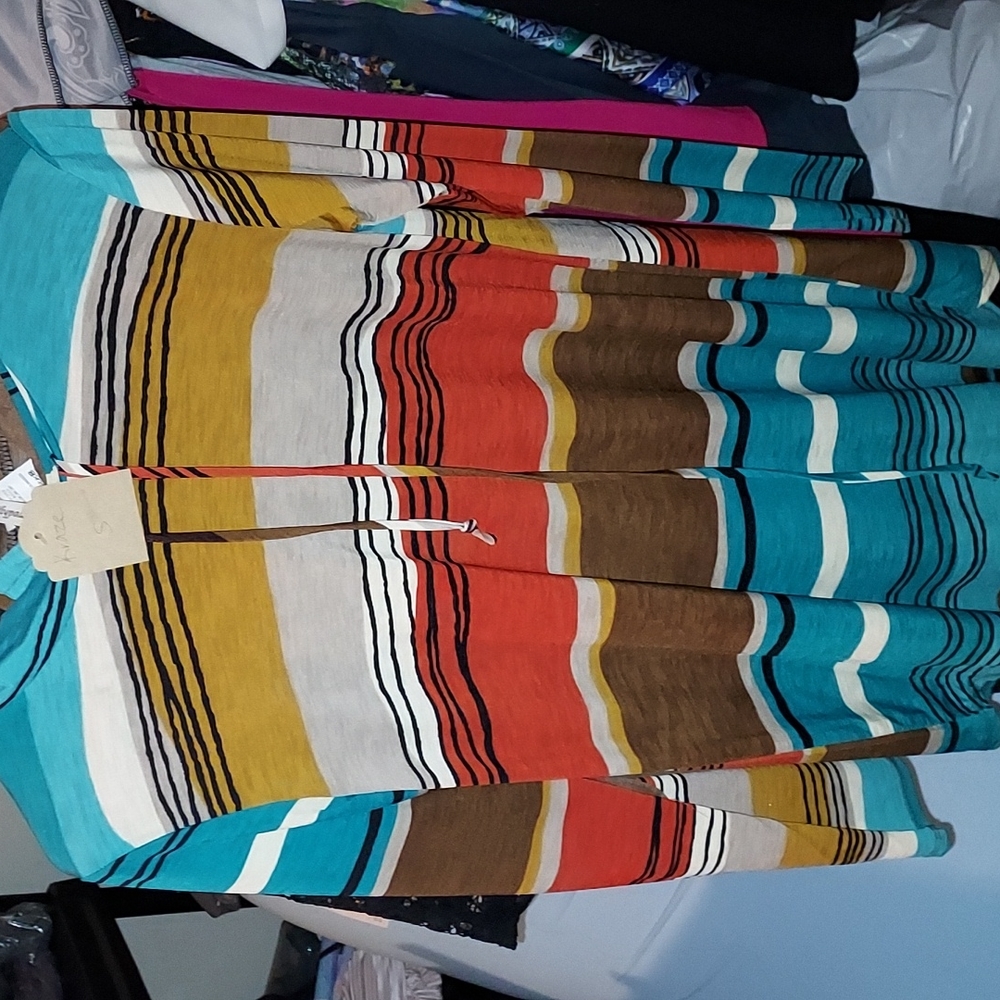Lilypad Kraze knit top with Hoodia and geometric stripes multicolor.